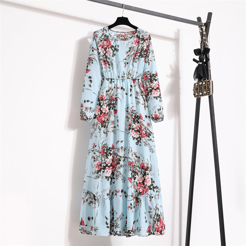 Frühling Sommer Frauen Maxi Kleider Casual Volle Hülse Floral Gedruckt Oansatz Frau Bohe Strand Party Lange Kleid Mujer Vestidos