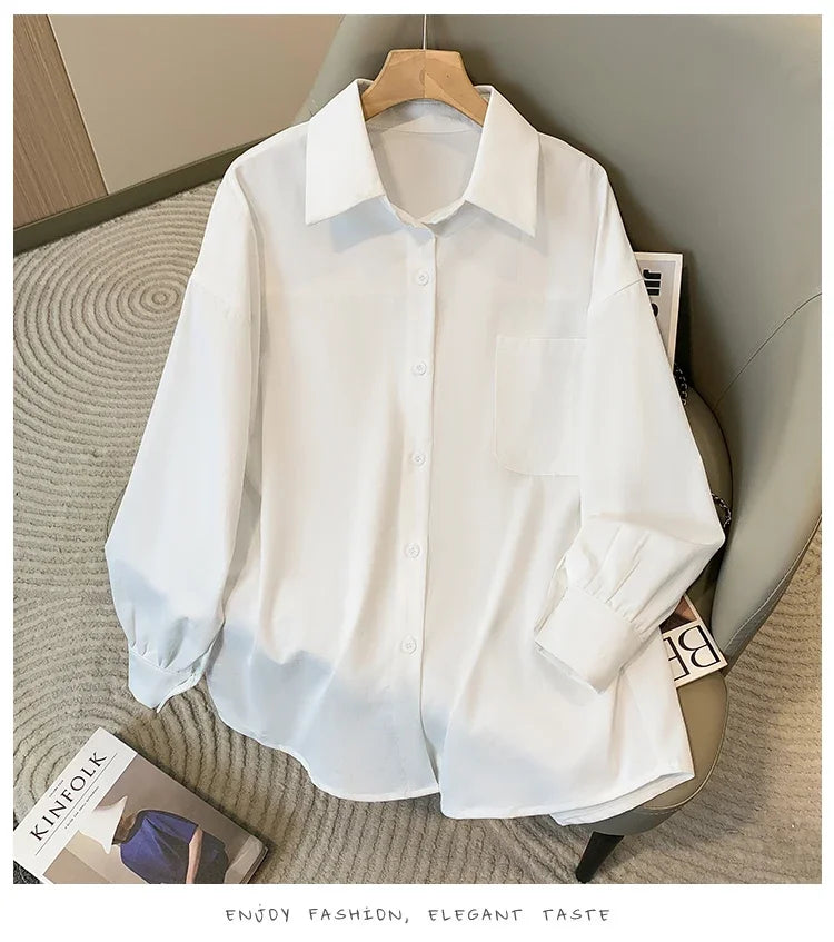 Plus Size Women's Blouses 2025 Spring Autumn Simple Lady Shirts Long Sleeve Big Pockets Shirt Loose Casual Tops.