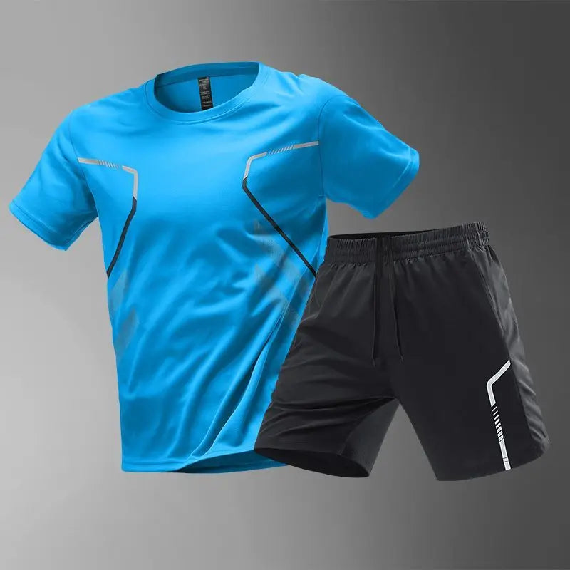 Summer Men Sets New Quick Dry Breathable Gym Clothing Training Short Sleeve Tops Shorts Suit Outdoor Daily Leisure Two-Piece Set.