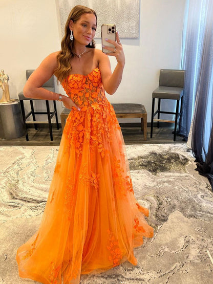 Orange Spitze Appliques Prom Kleider Illusion Liebsten liebsten Tüll EINE Linie Sweep Zug Abendkleider Graduation Party.