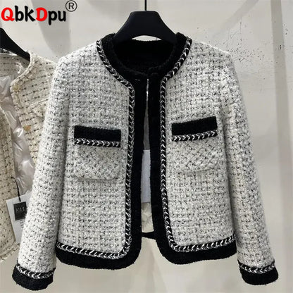 Women Tweed O-neck Loose Jackets Tops Korean Design Single Breasted Vintage Manteau Spring Fall Long Sleeve Abrigos Blusas New.