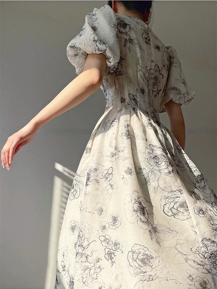 Büro Dame elegante Blumen Midi Kleid formelle einteilige Kleid koreanische Party Strand Langarm Freizeit kleid Frau 2024 Sommer Chic.