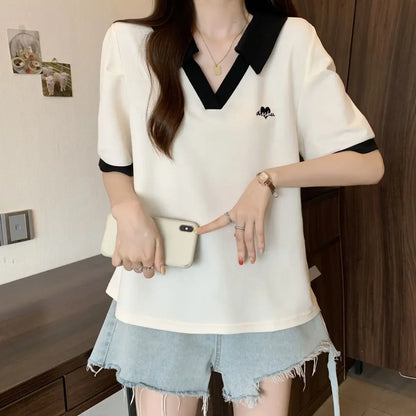 Plus Size Women's Casual Polo Neck Short Sleeve T-Shirt Slimming Belly Cover Summer Age Defying Shoulder Level Top