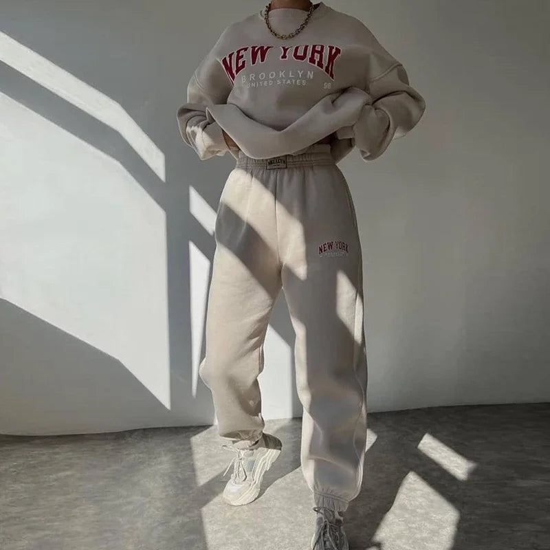 Warm Suit Autumn Winter Women Solid Set Elegant O-neck Pullover Hoodie And Pocket Trousers Two-Piece Set Lady Casual Loose Sets