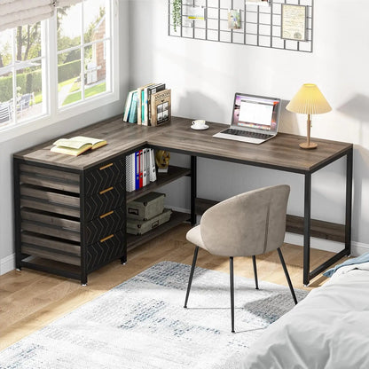 L-förmiger Computertisch mit Schubladen, 59-Zoll-Eckschreibtisch mit Regalen, Arbeitszimmer-Schreibtisch für das Heimbüro