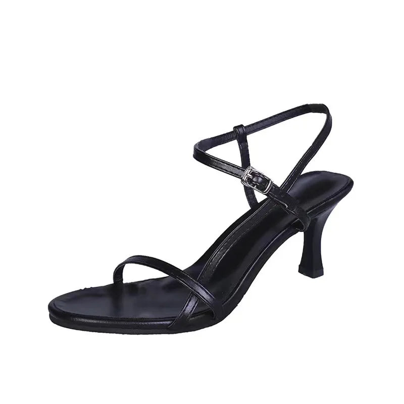 2024 Women's Black Evening Sandals | Genuine Leather Thin High Heels with Adjustable Ankle Strap | Stiletto Formal Wedding Shoes.