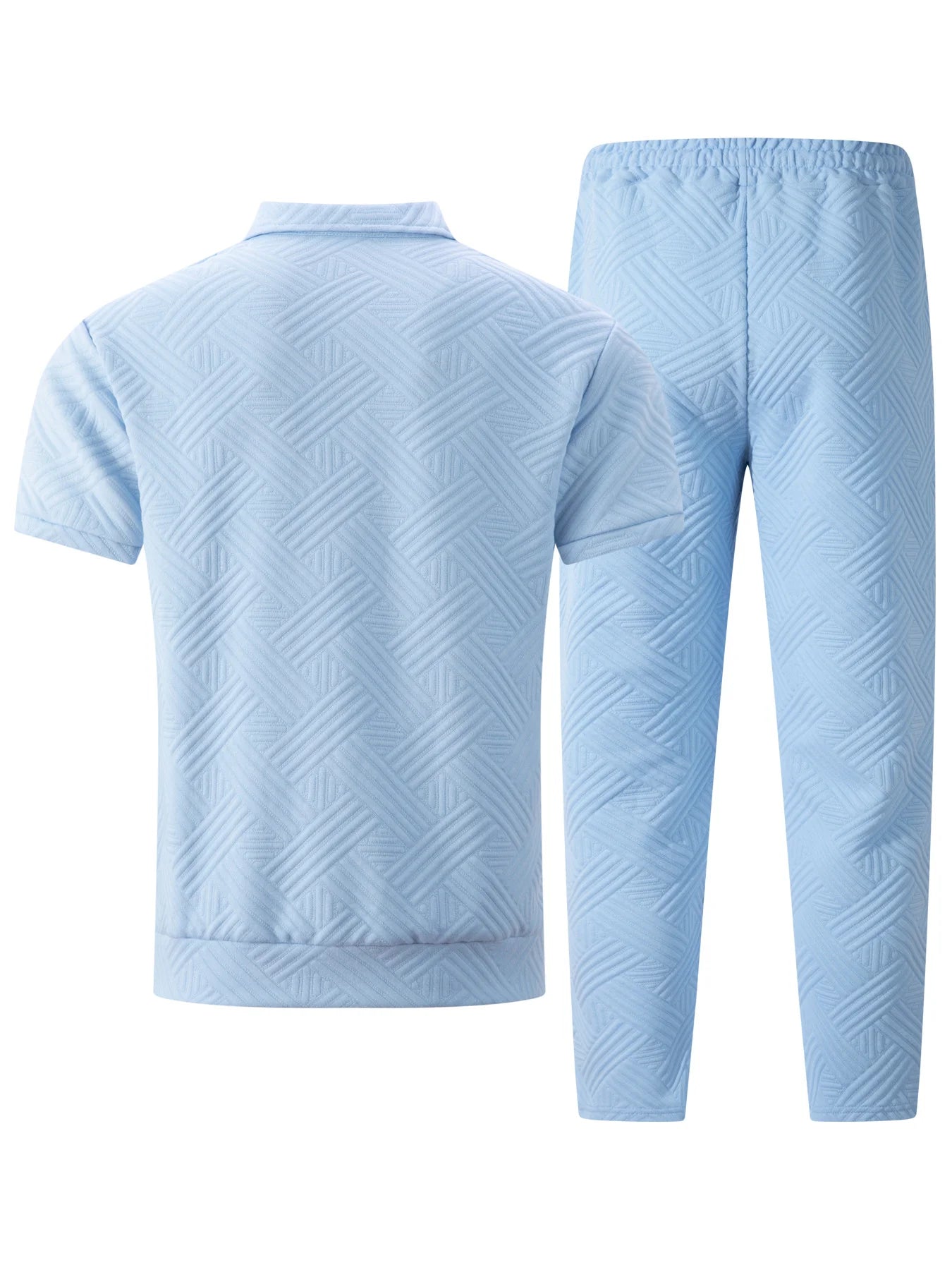 2025 Men's Casual and Fashionable short-sleeved jacket and shirt with solid-colored drawstring trousers two-piece set.