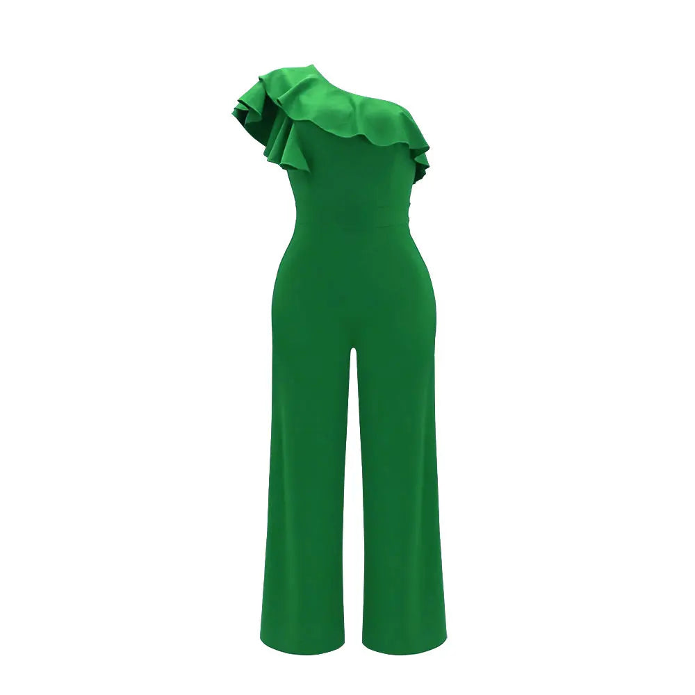 Ruffle One Shoulder Jumpsuit, Elegant Solid jumpsuit For Spring &Summer, women's Clothing.