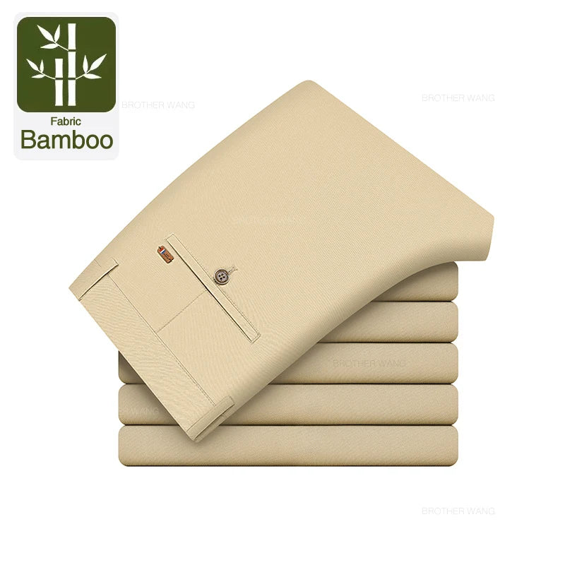 Bamboo Fiber Fabric Men's Casual Pants Summer New Ultra-thin Elastic Soft Straight Business Trousers Classic Black Khaki Gray