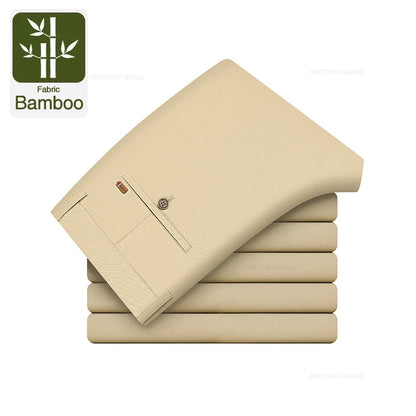 Bamboo Fiber Fabric Men's Casual Pants Summer New Ultra-thin Elastic Soft Straight Business Trousers Classic Black Khaki Gray