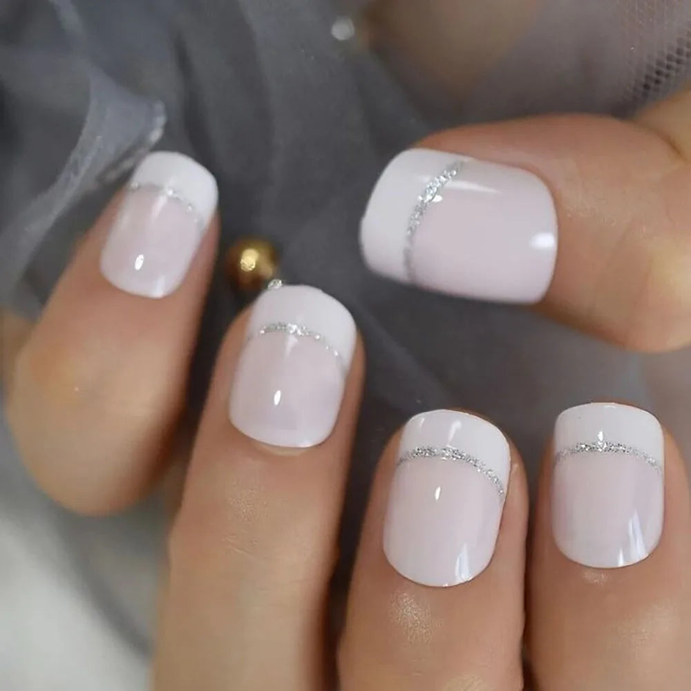 24pcs/set short square fake nails for women cute bride heart white french tips faux ongles y2k press on false nail supplies.