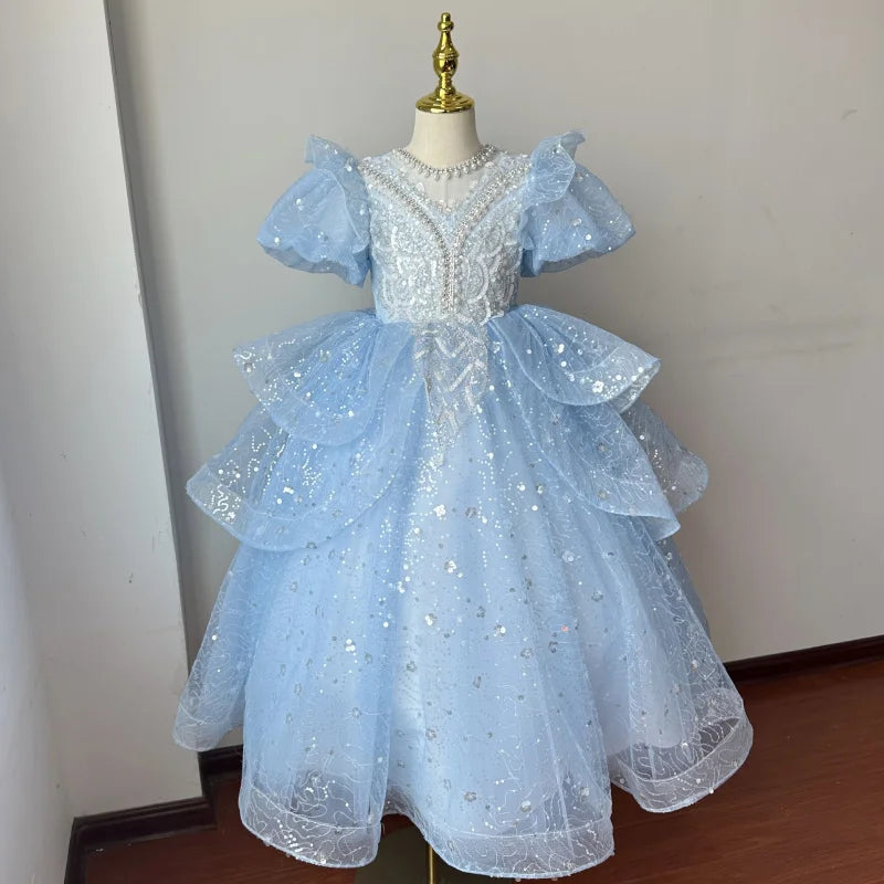 Mädchen Kleid 2025 Neue Frühling Elsa Baby Prinzessin Kleid Puffy Tüll Blau Geburtstag Kleine Host Leistung.