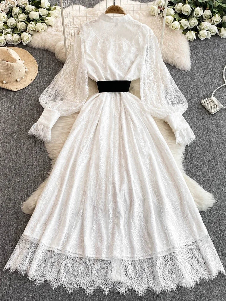 Neue Frühling Herbst Spitze Kleid für Frauen Weiß Schwarz Elegante Taille Langarm Stil Geburtstag Party Kleid Weibliche C186.