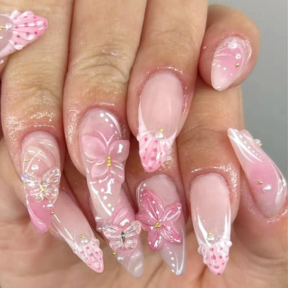 3D Flowers Gold Bead Lace White Daisy Bowknot Long Pointed Fake Nails Art Almond False Nails Press on Nails Charms Manicure Tool