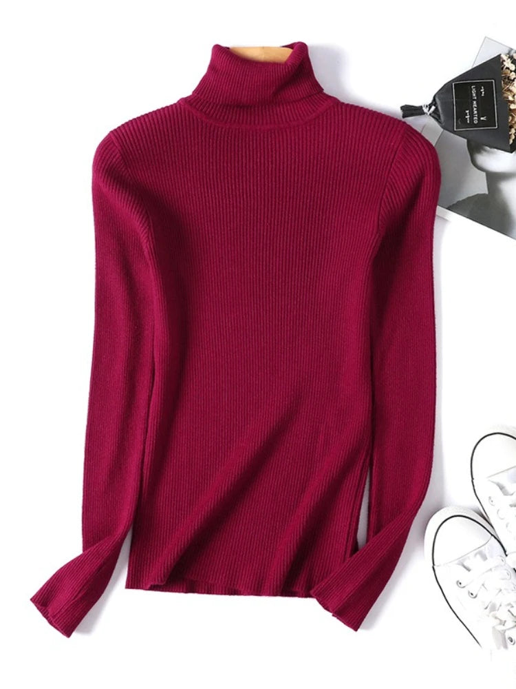 Neue Herbst Winter Frauen Gestrickte Rollkragenpullover Casual Weiche Polo-neck Jumper Mode Schlanke Elastizität Solide Rippen Pullover.