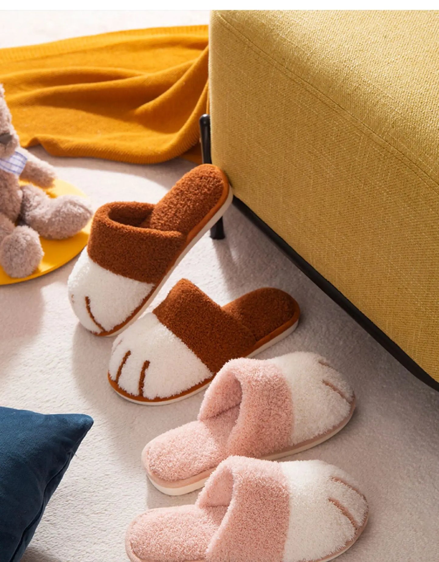 Evshine Cat Paw Warm Slippers For Women Winter Plush House Slippers Cute Fashion Fur Slippers Couple Indoor Bedroom Fuzzy Shoes.