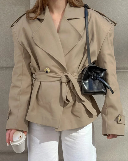 2025 Women Fall Lace-up Cropped Trench Coat Fashion Lapel Long Sleeves Wide Shoulder Windbreaker Jacket Commuting Daily Jackets