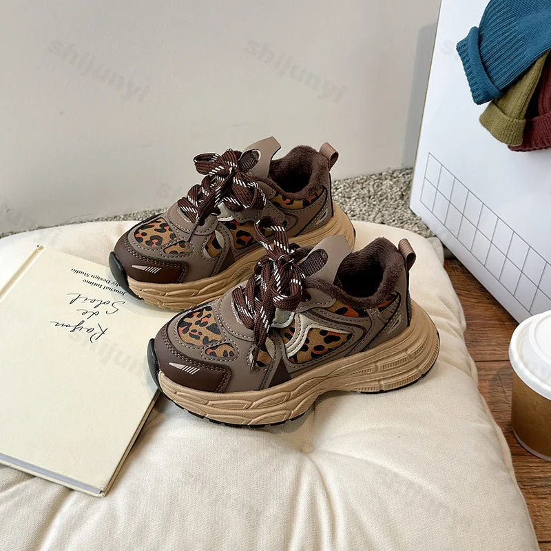Children's Sneakers Autumn Winter Boys Sport Shoes Girls Plush Warm Casual Cotton Shoes Studnet Leopard Print Anti Slip Sneakers.