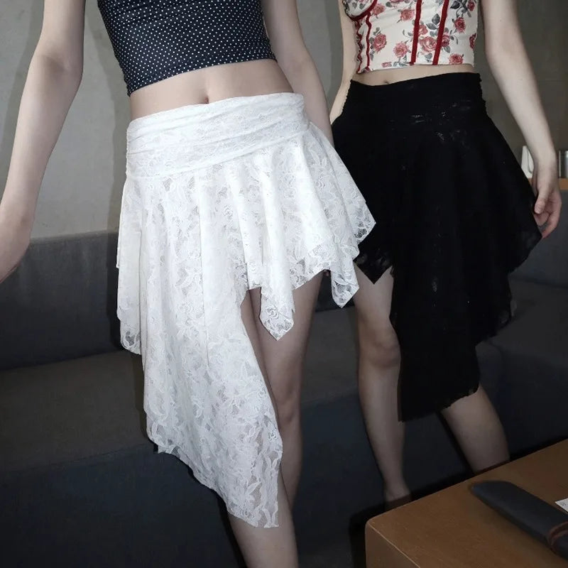 Asymmetrical Lace Skirt Pants Women High Waist Layered Skirt Y2k Japanese Vintage Jacquard Short Skirt 2025 Spring Clothing
