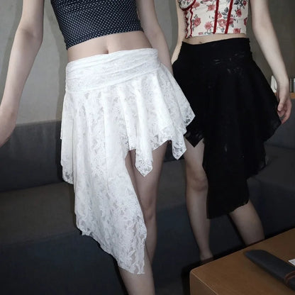 Asymmetrical Lace Skirt Pants Women High Waist Layered Skirt Y2k Japanese Vintage Jacquard Short Skirt 2025 Spring Clothing