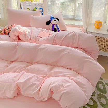 Solid Bed Linen Cotton Bedding Set 4pcs with Sheet Duvet Cover Pillowcases Single Couple Bedsheet Single Couple Twin Size.