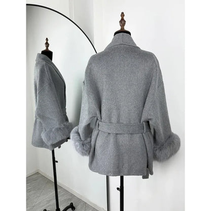 2025 Chic Lapel Plush Coat With Belt Women Vintage Faux Fur Sleeve Tweed Open Coats Female Autumn Winter Casual Street Outwear.