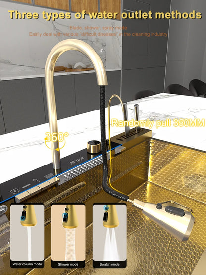 Golden Stainless Steel Waterfall Kitchen Sink Gold Embossed Extra Large Single Slot Digital Display Dishwashing Basin 100x50cm