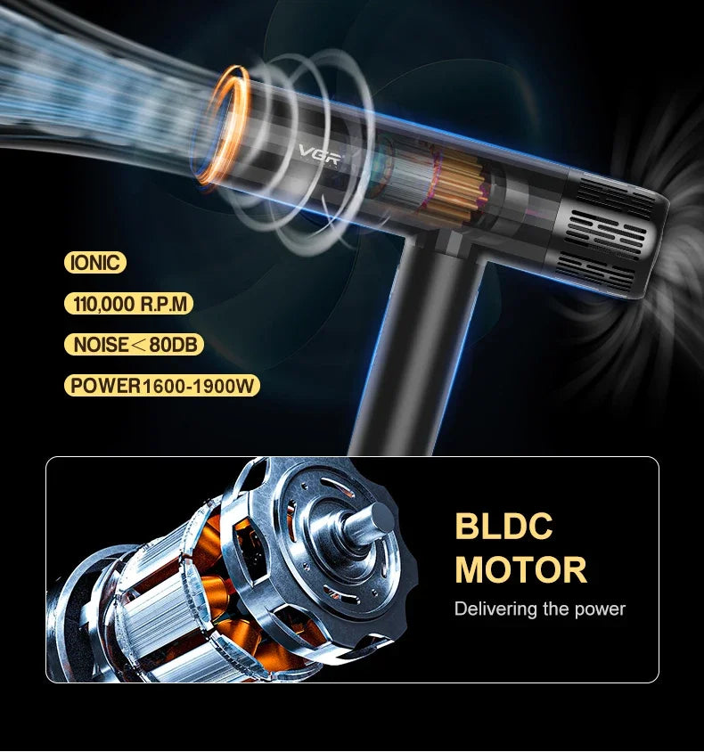 VGR Hair Dryer Professional Air Blower Brushless Motor Hair Dryer Machine 110000 RPM Hair Dryer Negative Ion Barber Salon V-427.