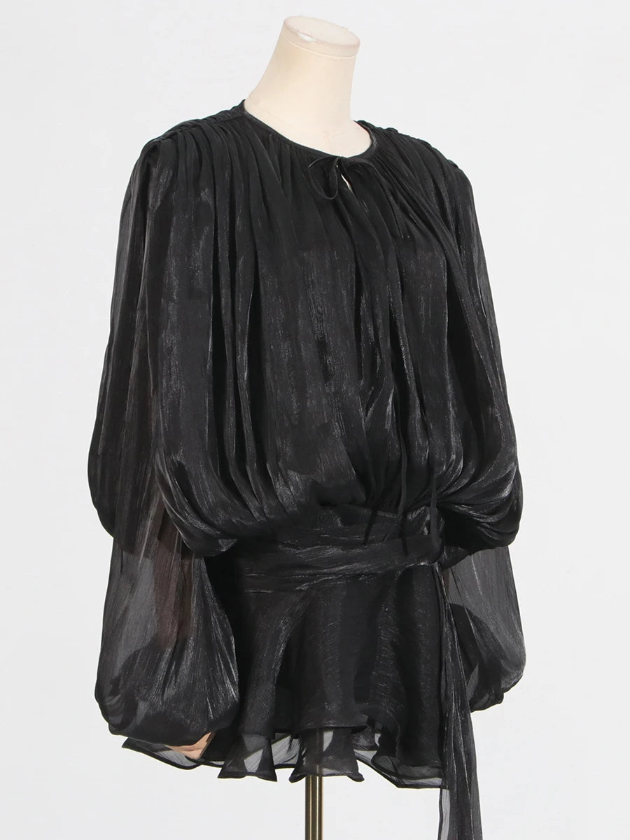 GALCAUR Solide Lose Splicd Lace Up Kleider Für Frauen V-ausschnitt Mit Langen Ärmeln Patchwork Rüschen Tunika Kleider Weibliche Mode Neue.