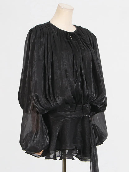 GALCAUR Solide Lose Splicd Lace Up Kleider Für Frauen V-ausschnitt Mit Langen Ärmeln Patchwork Rüschen Tunika Kleider Weibliche Mode Neue.