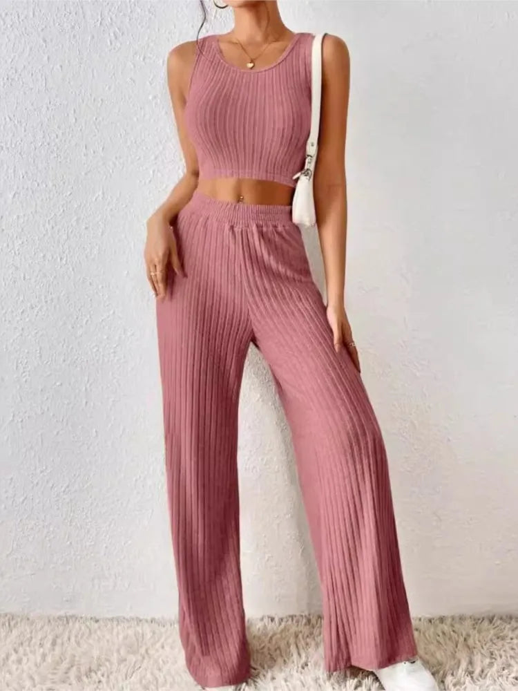 New Spring Solid Color Fashion Casual Knitted Cotton Waist Sleeveless Tank Top High Waist Pants Set For Women's Clothing.