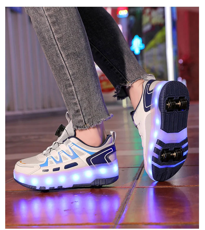 Children Four Wheels Luminous Glowing Sneakers Black Pink Led Light Roller Skate Shoes Kids Led Shoes Boys Girls USB Charging