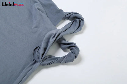 Weird Puss Irregular Knot Women 2 Piece Sets Stretch Casual Short Sleeve Tank Tops+Flare Pants Matching Outfits Slim Streetwear.