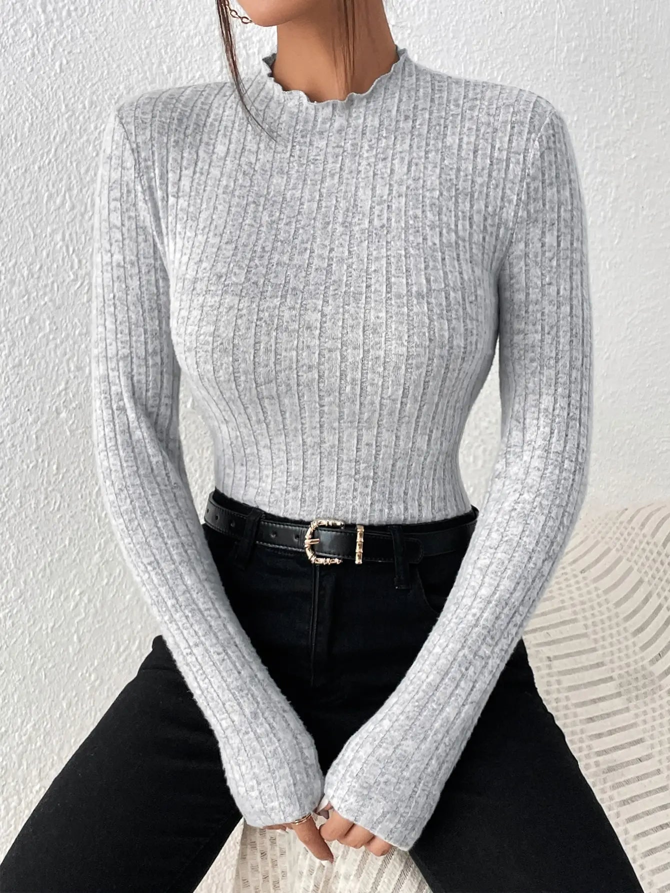 Fashion Slim Ruffle Neck Knit Long Sleeve Top, Lace Mid-Collar Women's Striped Bottom Shirt, Autumn and Winter Casual Sweater.