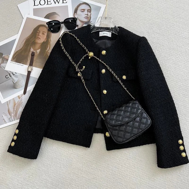 Schwarz Tweed Jacken Frauen Koreanische Mode Metall Schnalle Design Kurze Mäntel Frau Herbst Winter Einreiher Oansatz Oberbekleidung.