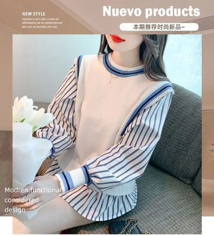 Autumn Preppy Style Patchwork O-neck Fake Two Pieces Top Tee Female Casual Striped Long Sleeve Sweatshirts Women Clothes Tshirt.