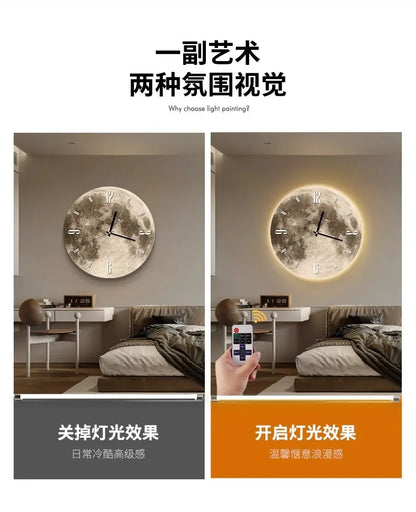 20-Zoll-Mode-Wanduhr, Esszimmer, Wohnzimmer, Mond, die Erde, Modellierung, LED-Licht, geräuschloses Uhrwerk, Schlafzimmeruhr, Wanddekoration