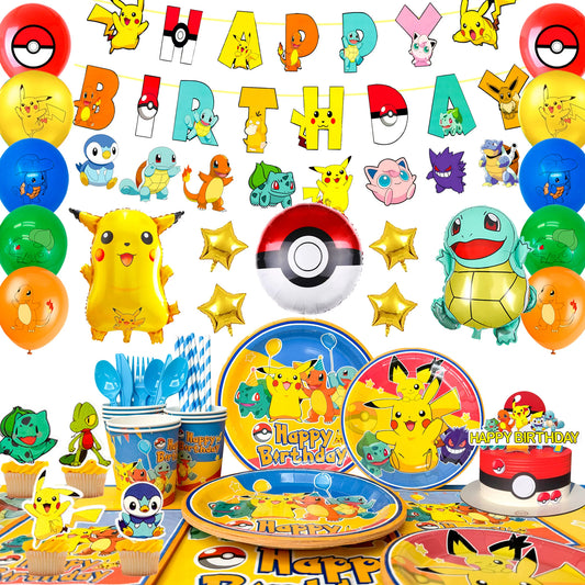 Pikachu Partydekorationen, 136 Stück Pokemon-Geburtstagsparty-Zubehör – Banner, Luftballons, Teller, Servietten usw. Pokemon-Geburtstagsdekorationen.