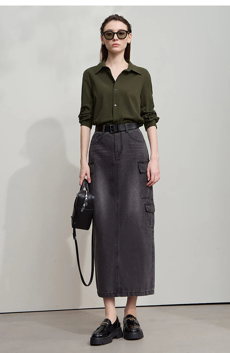 AMII Office Lady Shirt 2025 Autumn New Minimalism thick Long Sleeves Blouse Elastic Cotton Lapel Women's Clothing 12553079