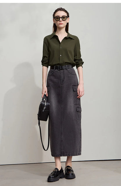 AMII Office Lady Shirt 2025 Autumn New Minimalism thick Long Sleeves Blouse Elastic Cotton Lapel Women's Clothing 12553079