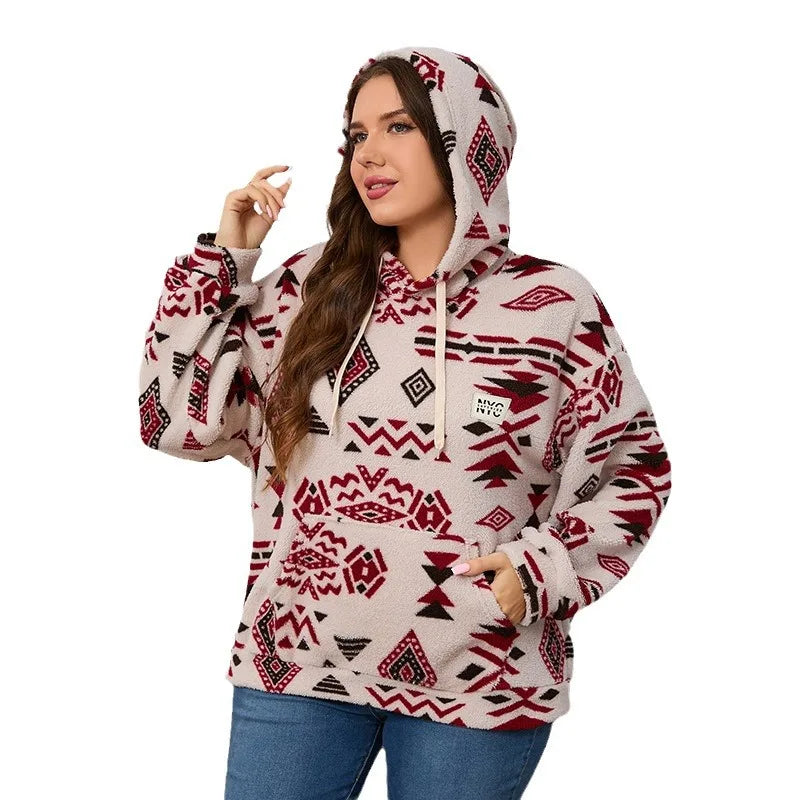 Kapuzenpullover für Damen, große Größe, Reißverschluss-Sweatshirts, ethnischer Druck, flauschiger Streetwear-Pullover, Herbst-Winter-Rollkragenpullover.