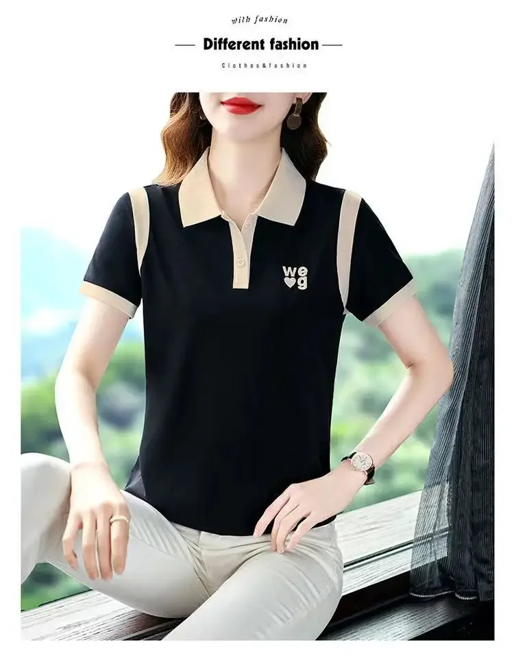 Fashionable Short Sleeve Polo Shirt Women's Summer Sporty Hong Kong Style Top High End Mixed Fabric Slim Fit T-Shirt.