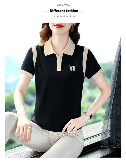 Sporty Short Sleeve Polo Shirt for Women Summer Fashionable Hong Kong Style Top Slim Fit Mixed Fabric Trendy T-Shirt.