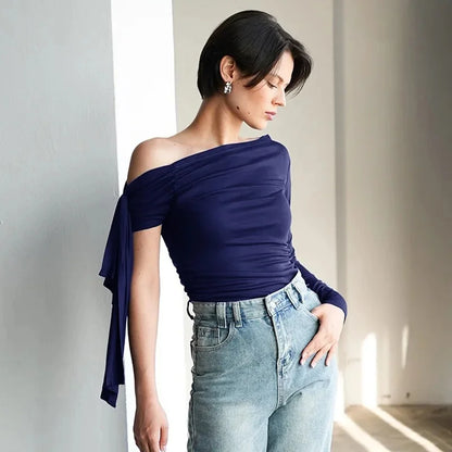 Y24TP610 Women's Autumn New Solid Color Crossbody Single Shoulder Top Sexy Asymmetric Single Sleeve T-Shirt From China