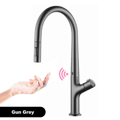 Modern style gun gray pull-out kitchen faucet with 1 handle for hot&cold water intelligent sensing and 2 functions for sink Tap