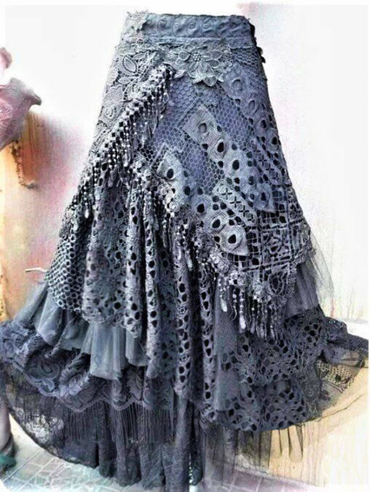 Elegant Lace Asymmetrical Skirt Women Vintage Y2K Boho High Waist Hollow Mesh Patchwork Layered Maxi Skirts Lady Holiday Outfits.