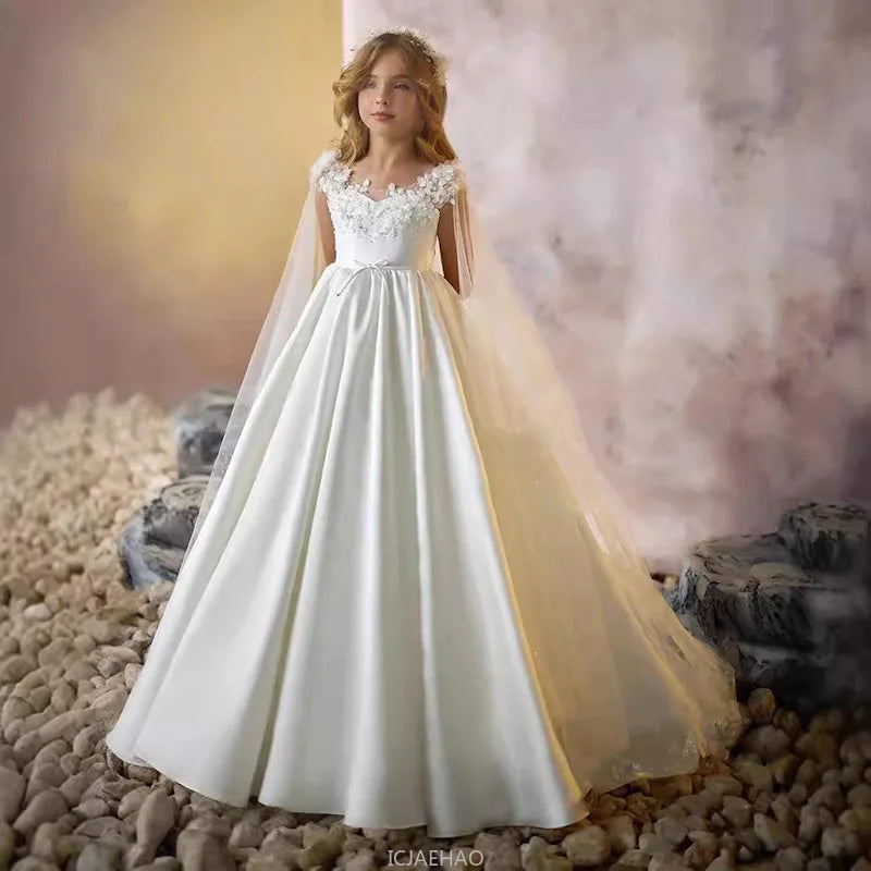 Weißes Mädchen-Hochzeits-Blumenmädchenkleid für Kinder, ärmellos, Ballkleid, langer Zug, Party, Festzug, Klavier, Rezital, Geburtstag, Leistung, Neu.