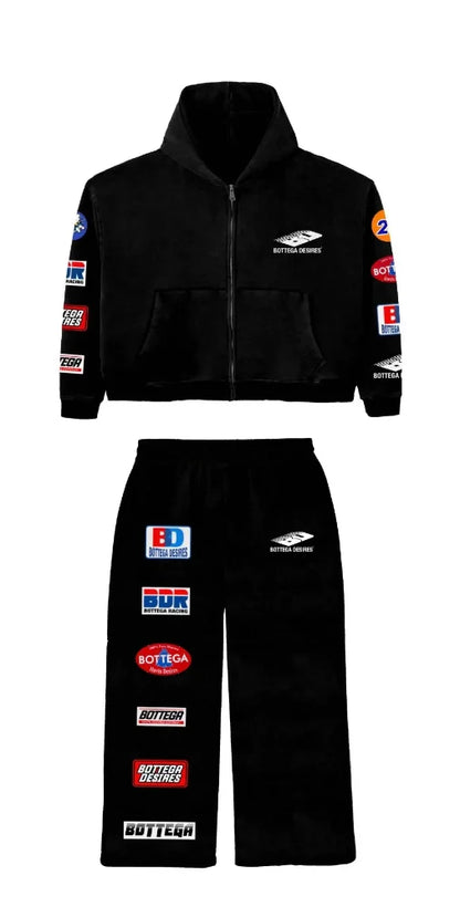 Black trendy patterned hip-hop sportswear set Y2K hooded zipper top with brand logo print and multiple badges streetwear fashion.