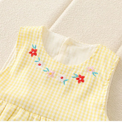 0–2 Jahre Neugeborene Kinder, bezaubernder Baby-Mädchen-Strampler aus Baumwollgaze, gelb kariert, bezauberndes besticktes Enten-Design – weich und süß.