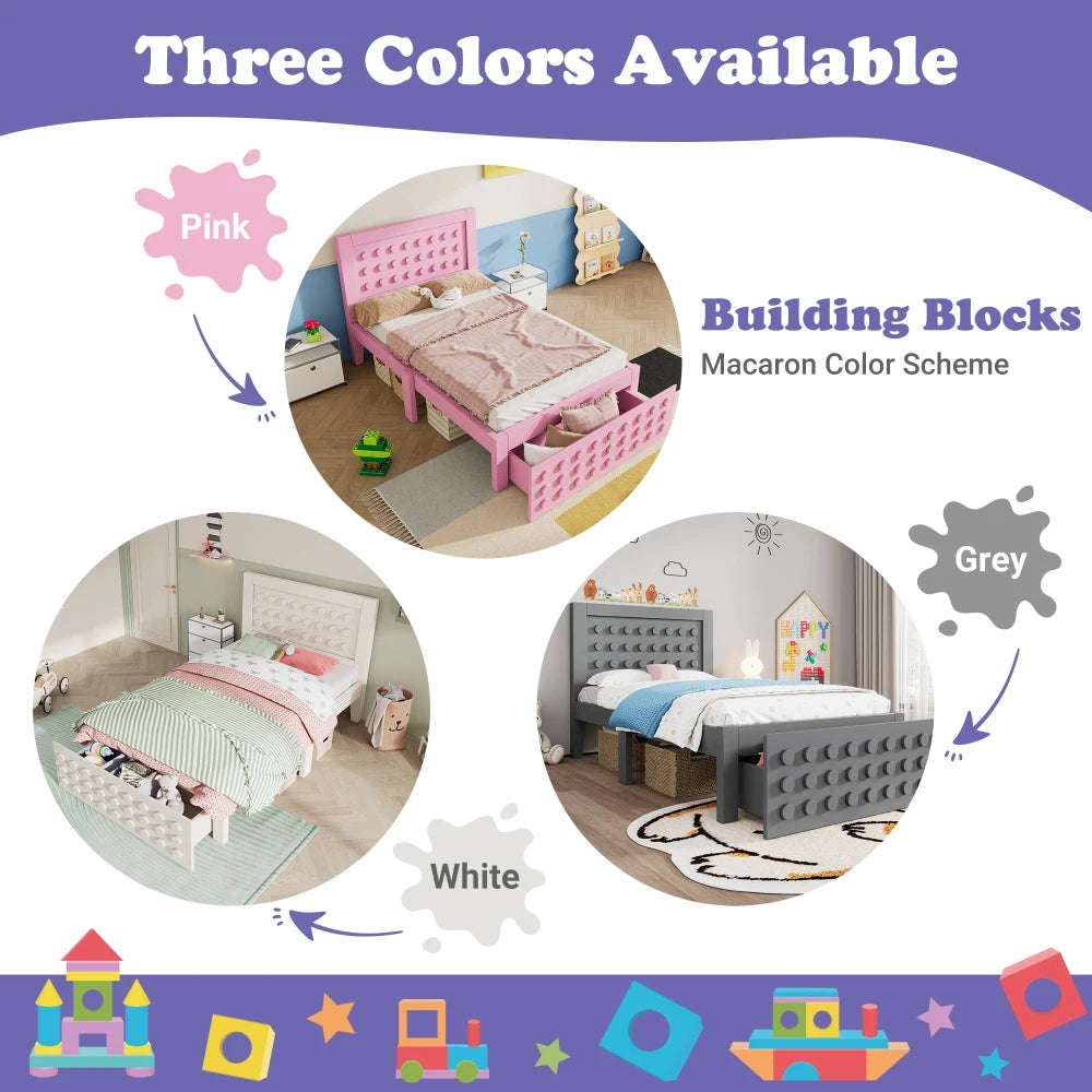 Jugendbett mit kreativem Blockdesign, Gestell aus Massivholz mit Gitterrost, mit Stauraum unter dem Bett, ohne Matratze